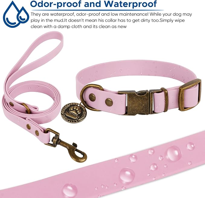 Wisedog Waterproof Dog Collar and Leash Set, XL, Pale Pinkish Purple | Adjustable Puppy Collar, Cute Tag, 6FT Dog Leash, Includes Poop Bag, For Small Medium Large Dogs