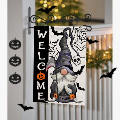 Covido Welcome Halloween Gnome Decorative Garden Flag, Spooky Jack O Lantern Pumpkin Skull Spider Web Bat Yard Outside Decorations, Funny Holiday Burlap Outdoor Small Home Decor Double Sided 12 x 18
