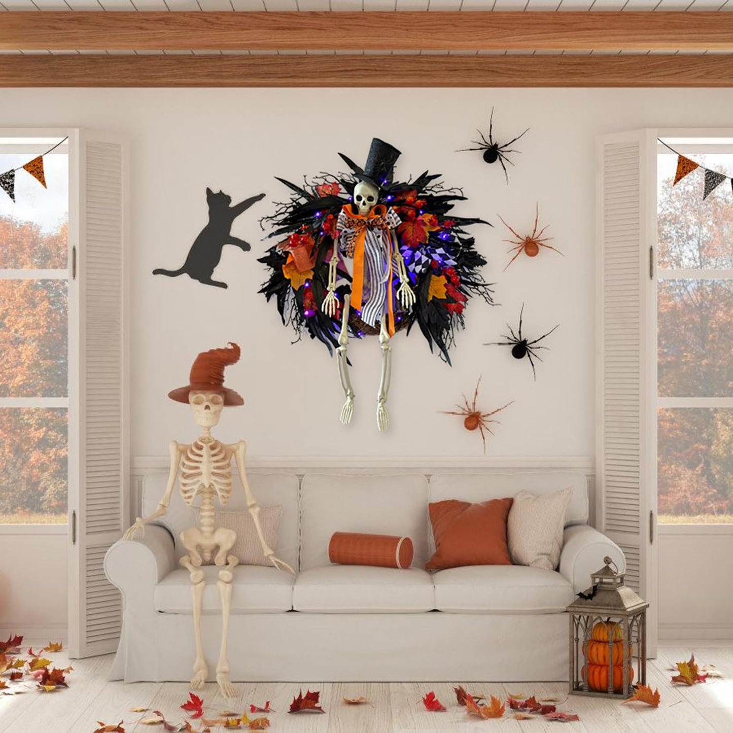 HipTree 28 Inch Halloween Skeleton Wreath for Front Door with Lights, Lighted Gothic Dark Aesthetic Door Wreath with Autumn Leaves Indoor Decorations Centerpiece Party Holiday Wall Home Decor