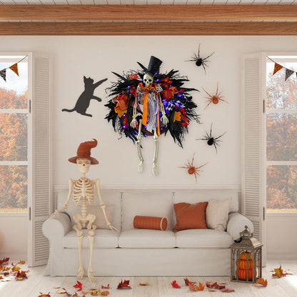 HipTree 28 Inch Halloween Skeleton Wreath for Front Door with Lights, Lighted Gothic Dark Aesthetic Door Wreath with Autumn Leaves Indoor Decorations Centerpiece Party Holiday Wall Home Decor