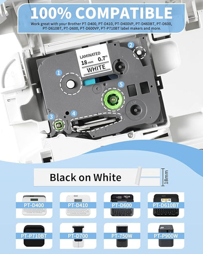 TZe-241 TZe241 Replacement for Brother P Touch Label Tape TZe TZ Tape 18mm 0.7 Inch Laminated White Label Maker Tape, Compatible with Brother PT-D400 PT-D410 PT-D600 PT-D610BT, 3/4 Inch, 4-Pack