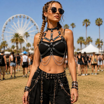 Women‘s Leather Chest Harness Top – Gothic Black Body Strap Belt, Punk Chain Harness for Festival Cosplay Rave Party Outfit