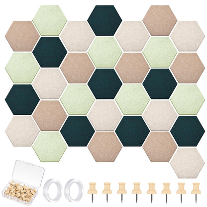 Mindsoft 32 Pcs 12'' x 10' Hexagon Felt Cork Board Tiles with 50 Wooden Push Pins, Felt DIY Bulletin Board with 4 Tape for Office School Home Wall Decor Stickers Memos Photos Display