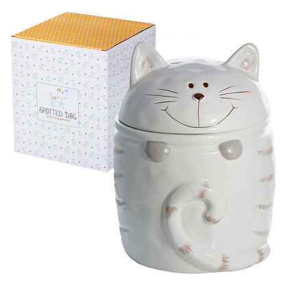 SPOTTED DOG GIFT COMPANY Ceramic Cookie Jar with Lid, Large Cat Treat Container for Cookies & Biscuits, Cute Novelty Kitchen Storage for Countertop, Gifts for Cat Lovers - 47oz White