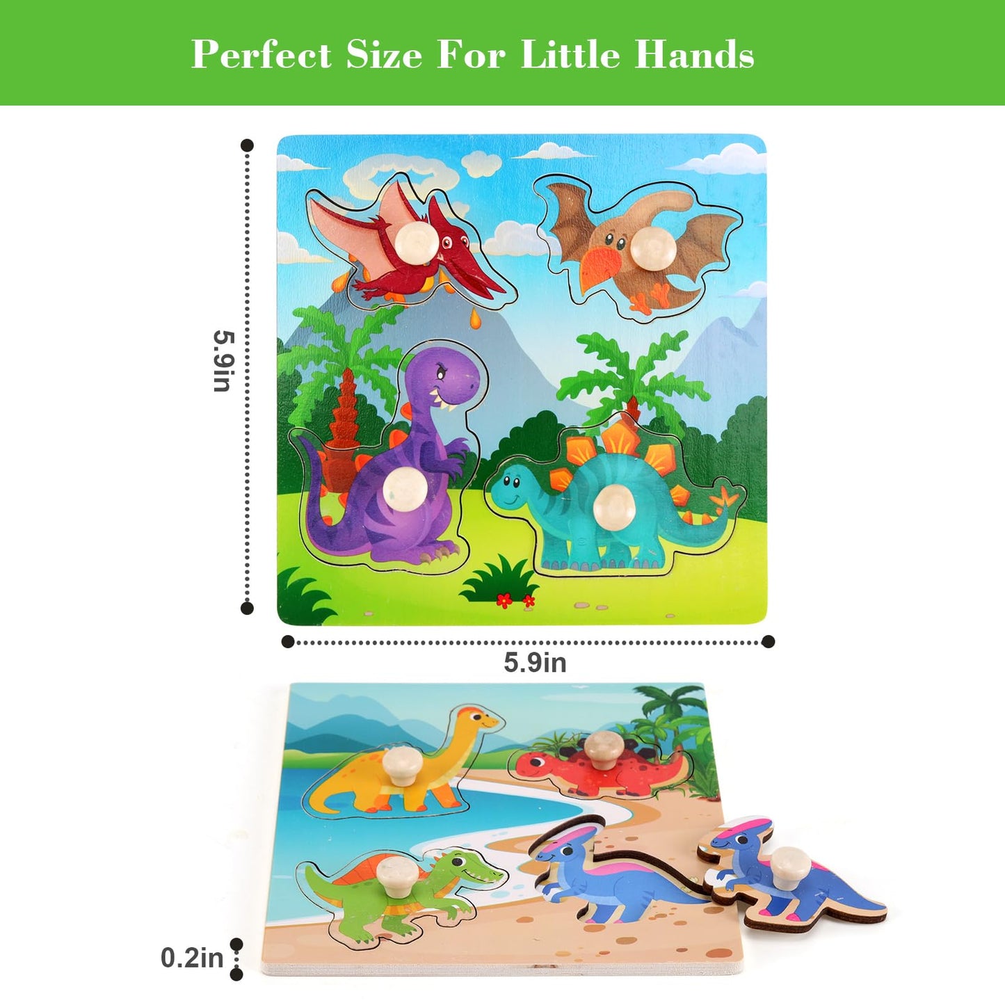 Wooden Peg Puzzles for Toddlers 1-3, Kids Educational Preschool Peg Puzzle Toy Ages 2-4, Set of 4 Dinosaur Toddler Puzzles, Ideal Gift for Ages 1 2 3 4 Boys and Girls