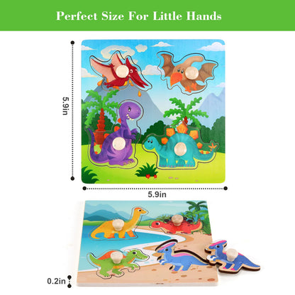 Wooden Peg Puzzles for Toddlers 1-3, Kids Educational Preschool Peg Puzzle Toy Ages 2-4, Set of 4 Dinosaur Toddler Puzzles, Ideal Gift for Ages 1 2 3 4 Boys and Girls