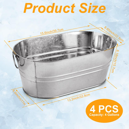 LOPYXBR 4 PCS Galvanized Bucket 3.4 Gallon Ice Buckets for Parties with Carry Handles Galvanized Tub with Handles 3.4 Gallon Stainless Steel Beverage Tub for Parties Metal Drink Buckets for Parties