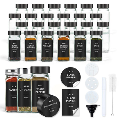 OMOZUN Spice Jars with Label, 24pcs 4oz Glass Spice Jars with Black Lids, Square Spice Containers with 304 Labels and Shaker Inserts, Empty Seasoning Bottles for Drawer, Cabinet, Seasoning Organizer