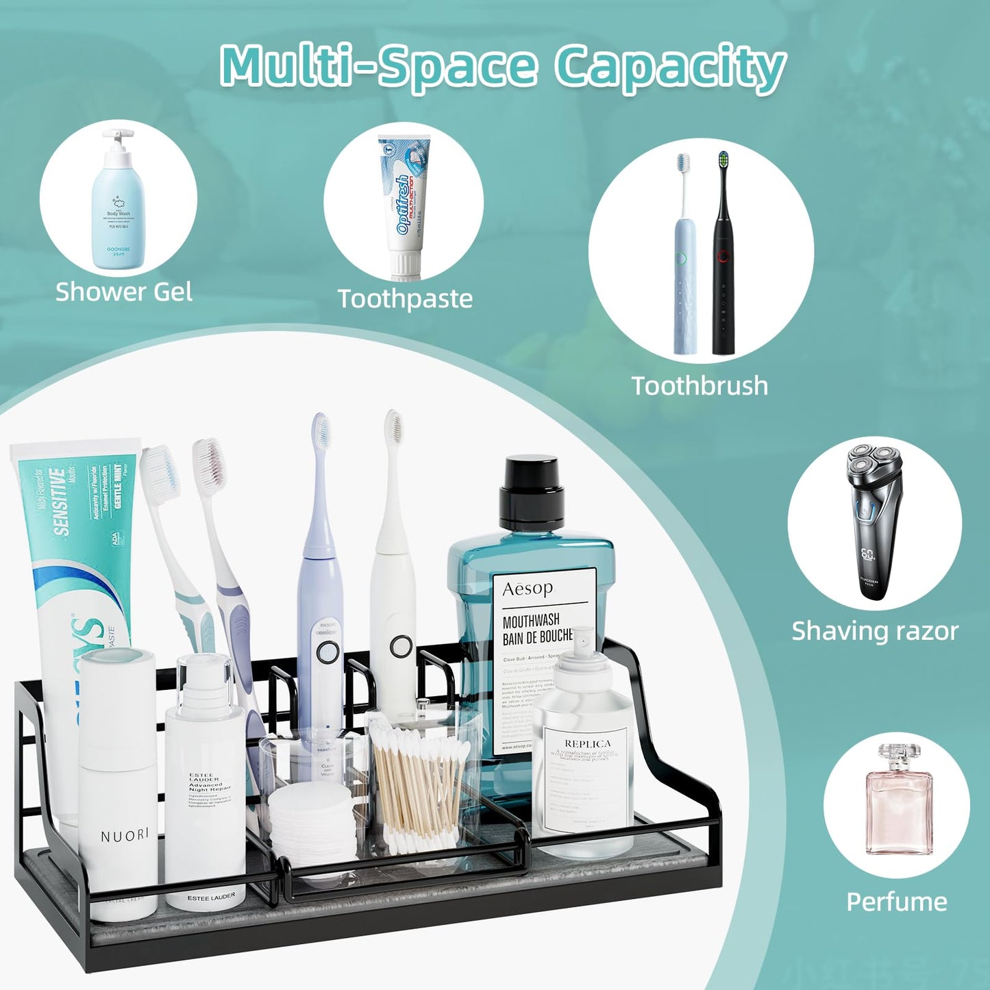 NANAGIFTREE Toothbrush Holders, Bathroom Organizers and Storage with Instant Drying Stone, 6 Slots Bathroom Accessories with Adjustable Toothpaste Holders, Bathroom Counter Organizer, Black