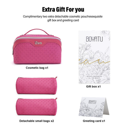 BOYATU Travel Makeup Bag Cosmetic Bags for Women: Large Capacity 3 Pcs Set Make up Bag with Compartments - Waterproof Vegan Leather Toiletry Organizer Bags with Handle (M-73Rose)