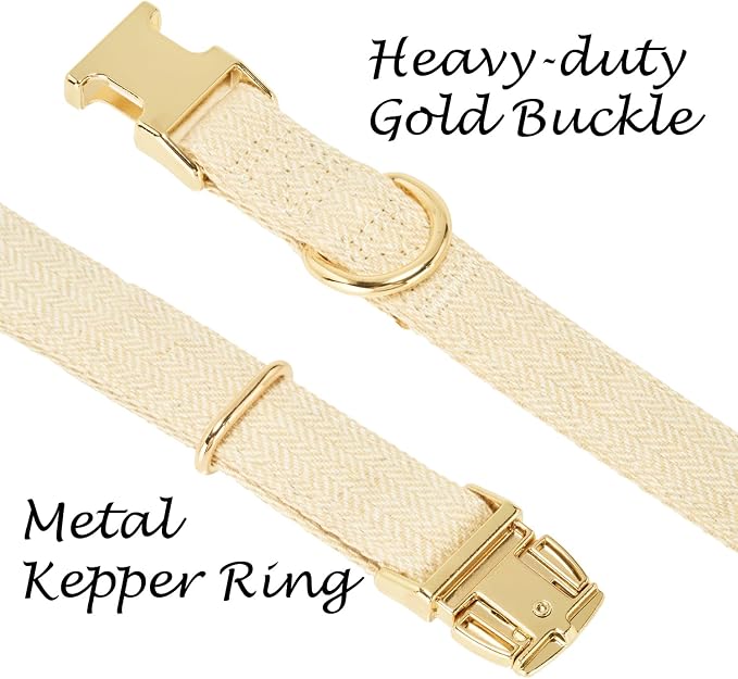 Luxury Soft Cotton Tweed Fabric Dog Collar & Leash Set with Gold Buckle – Durable Fabric, Stylish Design for Everyday Walks(Large Cream)
