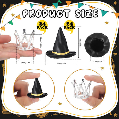 Cutecrop 48 Pack Witch Hat and Crown Cake Topper Bad Witch Birthday Party Decorations Mini Wizard Hats Silver Crown Cupcake Toppers Decor Princess Cake Accessories for Birthday Party Supplies Crafts