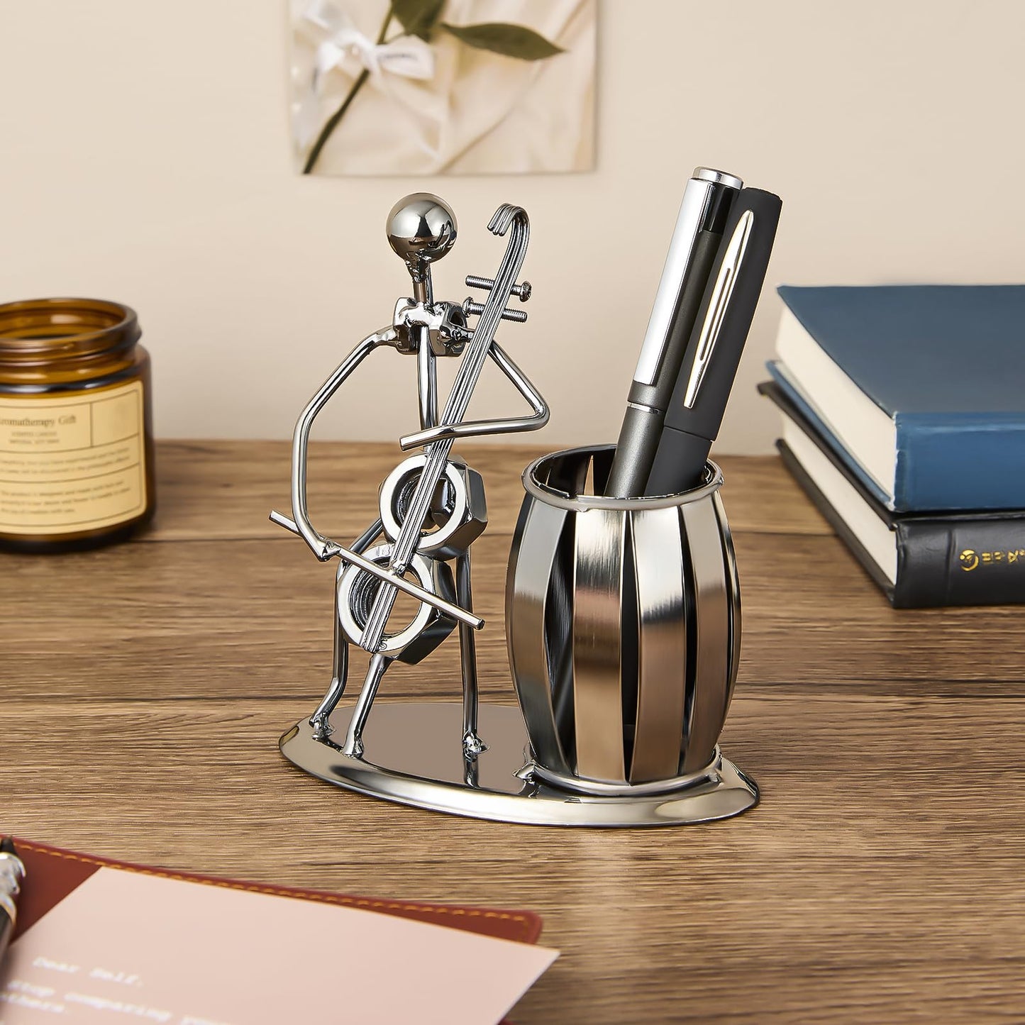 HSOOVZN Metal Pen Holder Cello Desktop Accessories Music Decor Pen Organizer Cool Pencil Cup For Music Gifts Kids Students Office Stationary