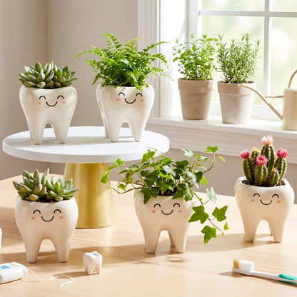 FoldTier Dental Hygienist Gifts Cute Tooth Shaped Planters Ceramic Succulent Cactus Flower Pot Funny Mini Office Pen Holder for Dental Assistant Graduation Accessories Dentist Office Decor(4 Pcs)