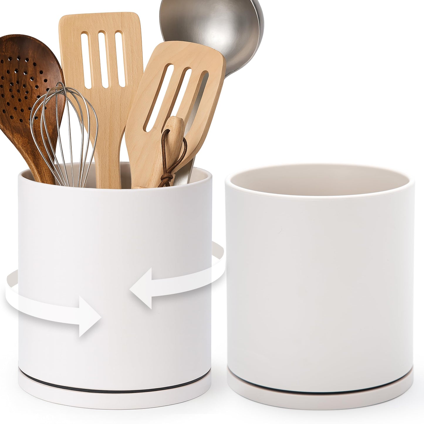 D'vine Dev 360° Rotating Utensil Holder – 7.2" Kitchen Utensil Crock for Countertop, Modern Cooking Tool Organizer for Kitchen Storage & Décor, Set of 2, Oatmeal, 72-Y-D-2