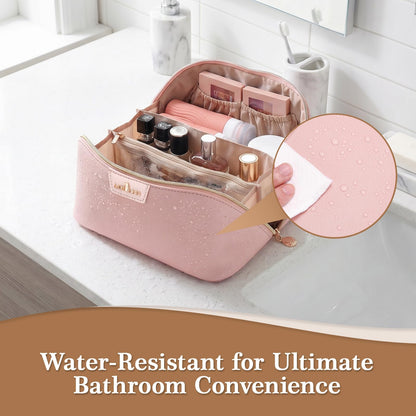 MOT HINN Travel Makeup Bag for Women: 3-in-1 Large Capacity Cosmetics Organizer with 2 Detachable Pouch - Vegan Leather Flat Open Toiletry Bag - Portable Travel Essentials for Full-Sized Bottles(Pink)