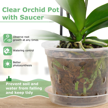 YOPIKUU Orchid Pot,3 4 5 6 Inch 8 Pack Orchid Pots with Holes and Saucers,Clear Plastic Flower Plant Pot for Indoor Outdoor Plants,Slotted Orchids Planter(3 4 5 6Inch)