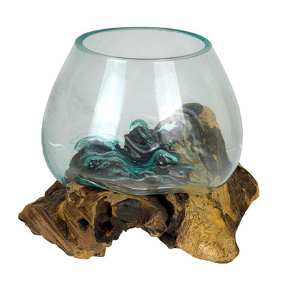 Zeckos Planter Terrarium with Molten Glass Bowl on Driftwood Base, Coastal Wood and Glass Tabletop Planter, 7.5 X 7 X 6 Inch Freestanding Indoor Accent for Succulents or Air Plants