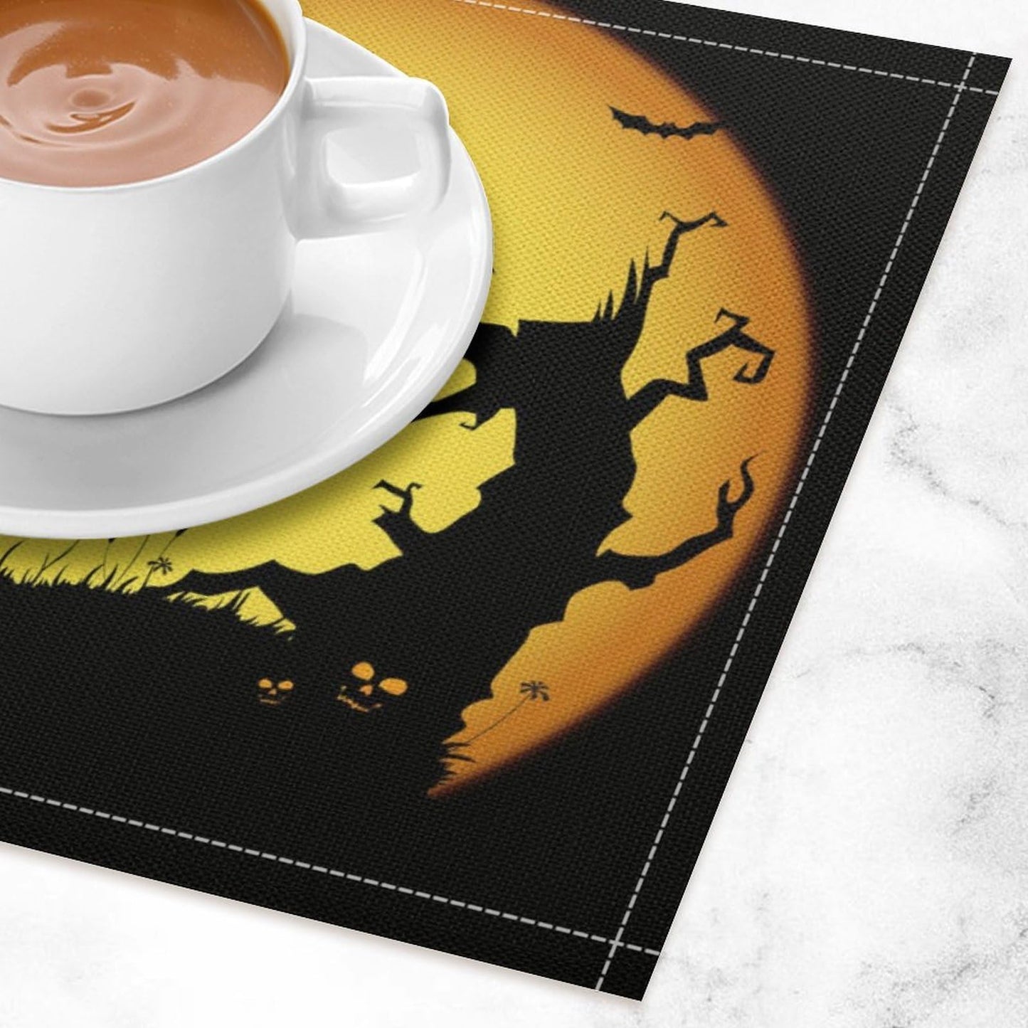 Halloween Placemats Set of 4, 17x12 Inch Orange Moon Scary Pumpkins Bats Owls Black Silhouette Table Mats for Home Party Kitchen Dining Decor