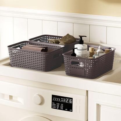 6Pcs Storage Bins with Lids, Stackable Plastic Storage Basket with Bamboo Lid, Pantry Organizer Box Small Containers for Organizing Shelves Drawer Desktop Closet Cabinet Office Classroom 10x7.1x4.1in