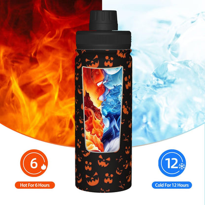 SOUWEWU 18oz Scary Pumpkin Face Sports Water Kettle with Handle, Double Wall Vacuum Insulated Hot and Cold Black Tumbler, Halloween Print Water Bottle for Gym Outdoor