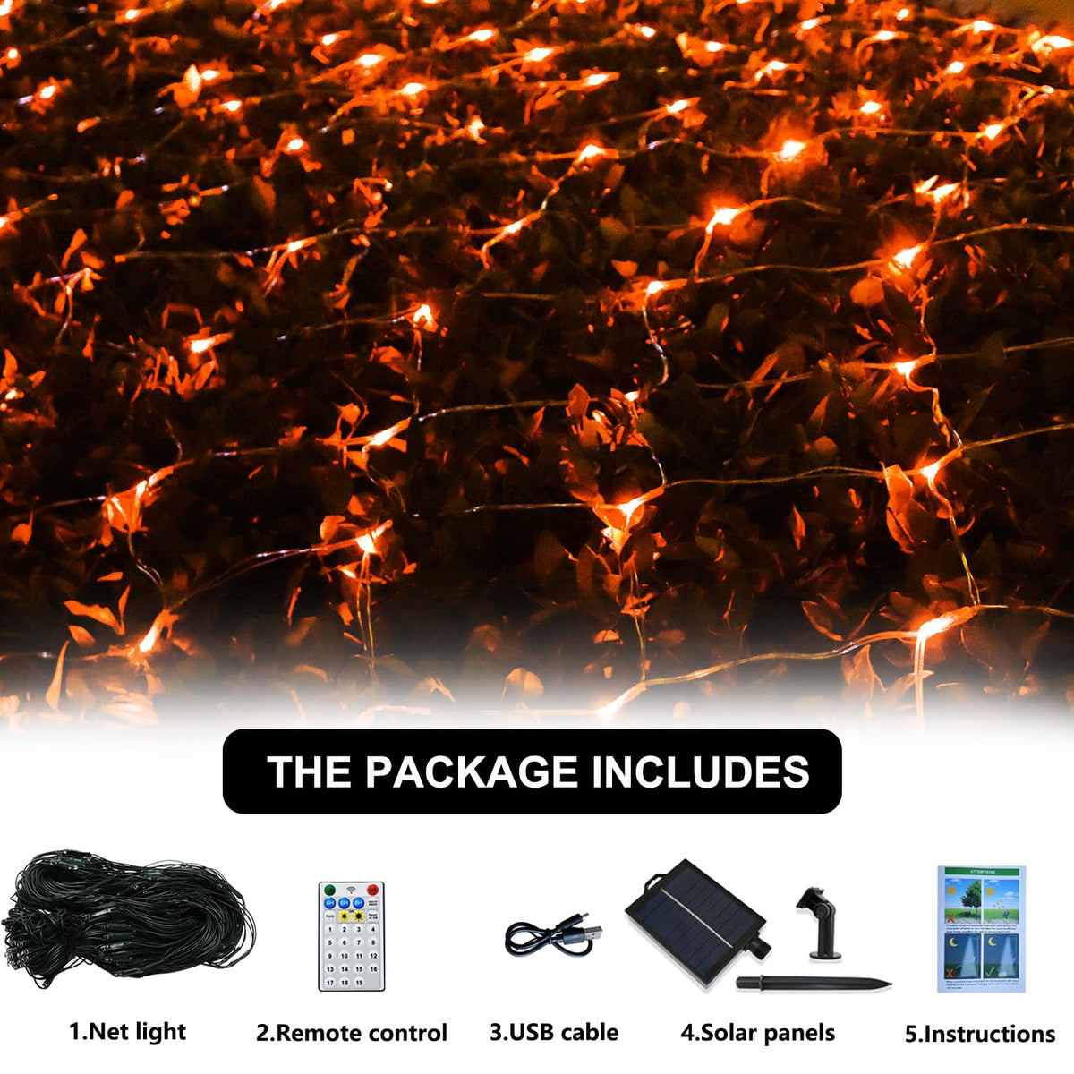 Solar Net Halloween Lights Orange Fall Decor, 200 LED Mesh Lights Outdoor, 19 Modes Transparent Wire Solar Powered Wrap Tree for Garden, Yard, Bushes, Trunk, Christmas Decor-9.8ft x 6.6ft