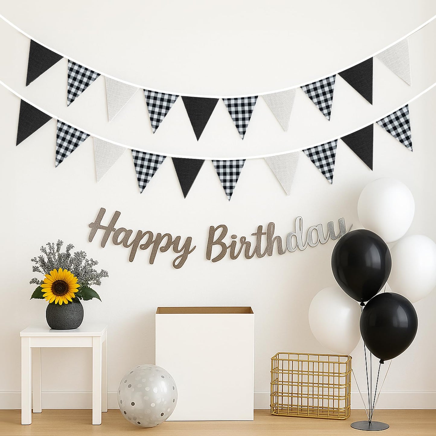 G2PLUS Black and White Gingham Fabric Bunting Banner, 32Ft Cotton Burlap Triangle Garland for Soccer Party, Game Day, Racing Car Party, Birthday, Graduation & Outdoor Decorations