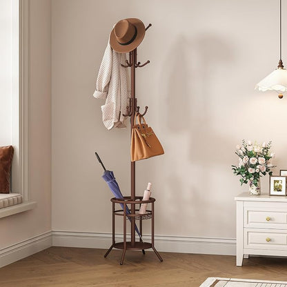 ELYKEN Coat Rack Freestanding, Metal Coat Rack Stand with Umbrella Holder, Modern Coat Tree with 12 Hooks, Floor Standing Corner Hall Tree for Entryway Living Room Bedroom Office, Brown