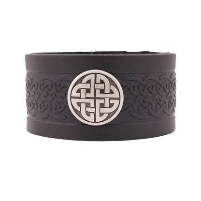 Biddy Murphy Genuine Leather Cuff Wrist Bracelet, Embossed Traditional Irish Celtic Jewelry, Soft Vegetable-Tanned Hide, Handmade, Imported, Black