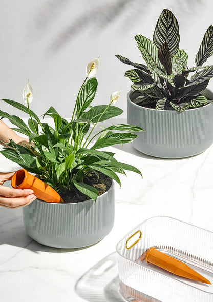 Jardin Tesoro Ceramic Planters - 10+12 Inch Large Pots for Indoor & Outdoor Plants, Modern Flower Pots with Drainage Holes and Self Watering Devices, House Grey-Blue Big Plant Pot, Set of 2