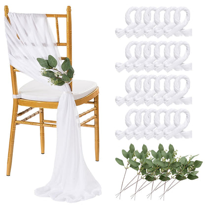 QueenDream White Chair Sashes Wedding Aisle Decorations: 24 Packs 8ft Long Draping Fabric Sheer Church Chair Cover Bulk for Party Banquet