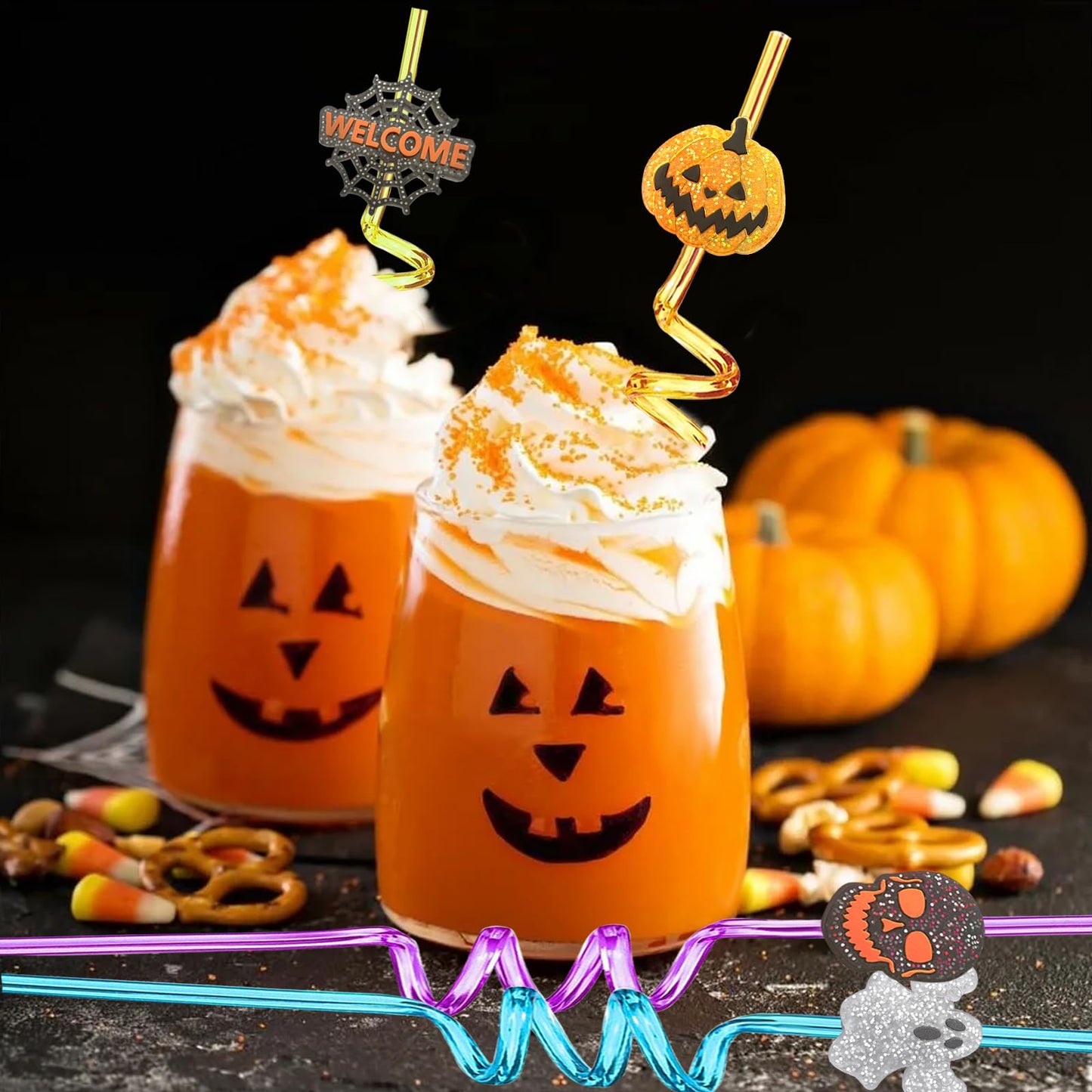 24Pcs Bling Glitter Halloween Party Favors Straws Bats Pumpkin Witch Ghost Straws for Halloween Party Supplies Birthday Party Decoration with 2 Cleaning Brush.