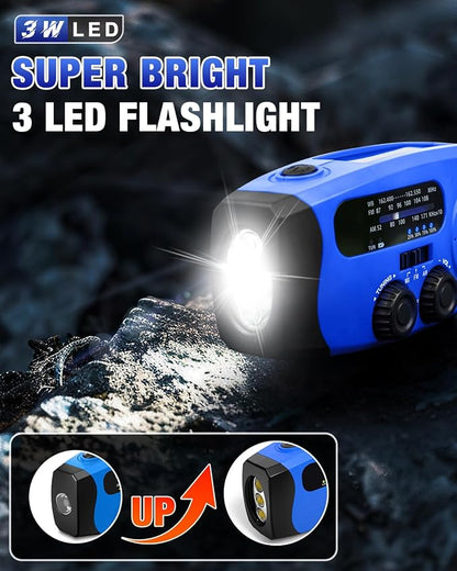 Hand Crank Radio with AM/FM/NOAA Weather Bands,for Emergencies, Camping | 3 LED Flashlights,SOS Function,Solar Powered,Hand Cranked, 2000mAh/7400mWh Charger,for Power Outage - Blue