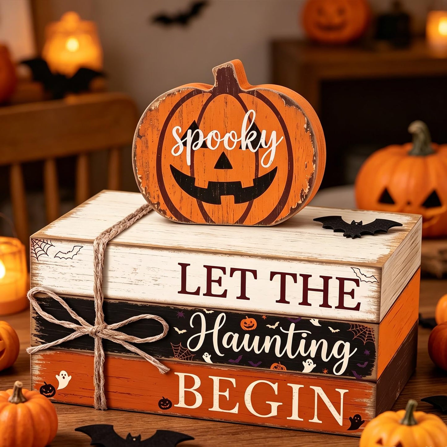 4 Pcs Halloween Tiered Tray Decor Farmhouse Wooden Book Stack with Gnome Spooky Halloween Tabletop Signs Fall Rustic Tiered Tray Decorations for Home Office Shelf Coffee Bar