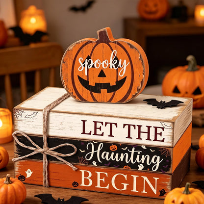 4 Pcs Halloween Tiered Tray Decor Farmhouse Wooden Book Stack with Gnome Spooky Halloween Tabletop Signs Fall Rustic Tiered Tray Decorations for Home Office Shelf Coffee Bar