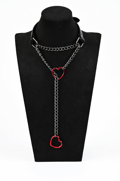 SIROLISA Handmade Black Heart Choker Collar for Women, Punk Gothic Vegan Leather Slip Chain Necklace with Adjustable Buckle, O-Ring Y-Necklace Jewelry for Goth Alternative Aesthetic Costumes