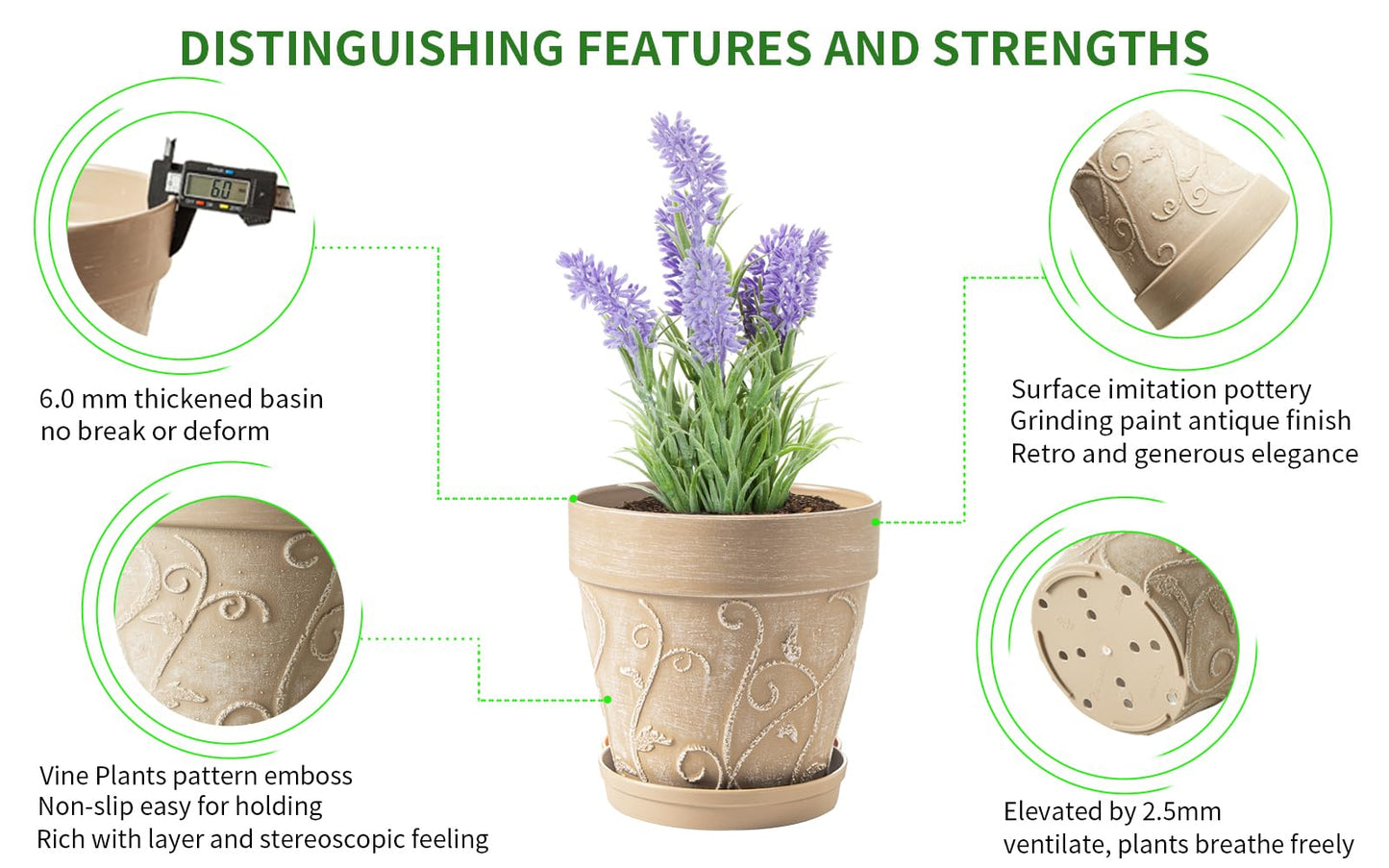 Melphoe Plant Pots Indoor with Drainage & Saucer, 2Pack 8 inch Flower Pots Outdoor Planters for Indoor Plants Garden Home Decor Cactus Succulent, Rigid Plastic (Imitation-Terracotta) Vine-Embossed