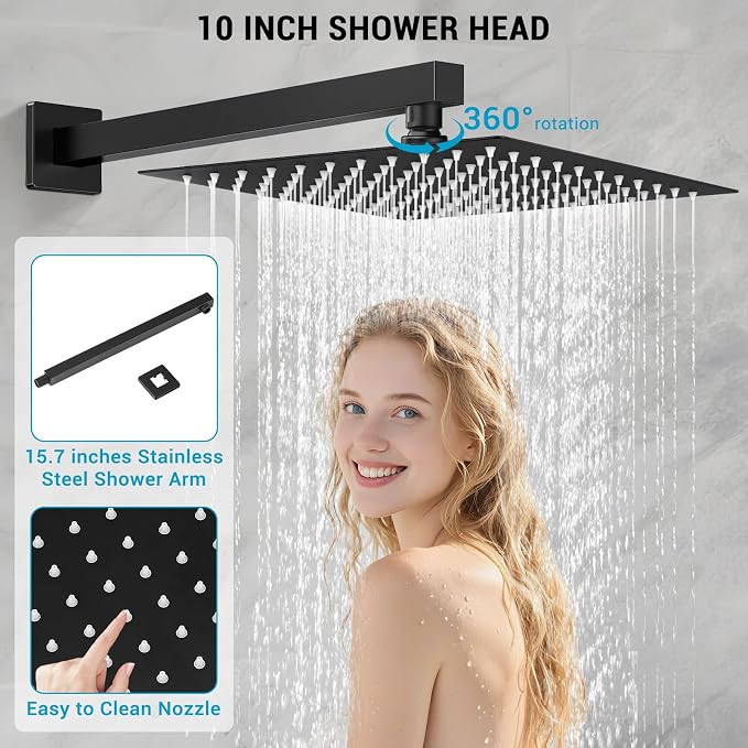 10" Rain Shower Faucet Set with Tub Spout, Matte Black | Anti-scald cartridge, air tech boosts pressure 50%, 3-func diverter, NPT 1/2