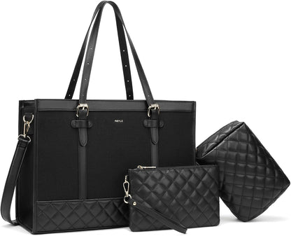Keyli 3pcs Laptop Bag for Women,15.6 Inch Canvas Tote Bag Work Bags Large Business Computer Briefcase Shoulder Handbag Purse