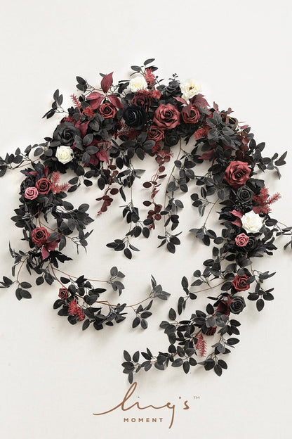 Ling's moment 9FT Eucalyptus & Willow Leaf Garland with White Flower, Handcrafted Wedding Sweetheart Table Centerpieces Head Table Decor Arch Backdrop Decorations for Wedding | Black & Burgundy
