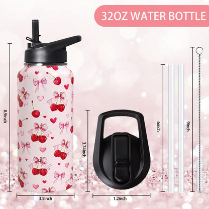 32oz Pink Cherry Insulated Aater Water Bottle with Straw Gym Hiking Sports Coffee Mug Cup Water Bottles,Cherry Gifts for Wome Decor Stuff Accessories