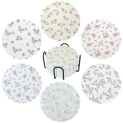 Stranthother 6 Pcs Scalloped Floral Ceramic Coasters with Holder,Round Cute Wildflower Coaster with Cork Base,Funny Decorative Absorbent Drinks Coasters,Coffee Table Decor Housewarming Gifts,4 Inch