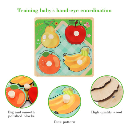 Wooden Peg Puzzles for Toddlers 1-3, Kids' Educational Preschool Peg Puzzle Toy, Set of 4 Toddler Puzzles - Farm, Dinosaur, Fruit and Marine Animals, Ideal Gift for Ages 1 2 3 Boys and Girls