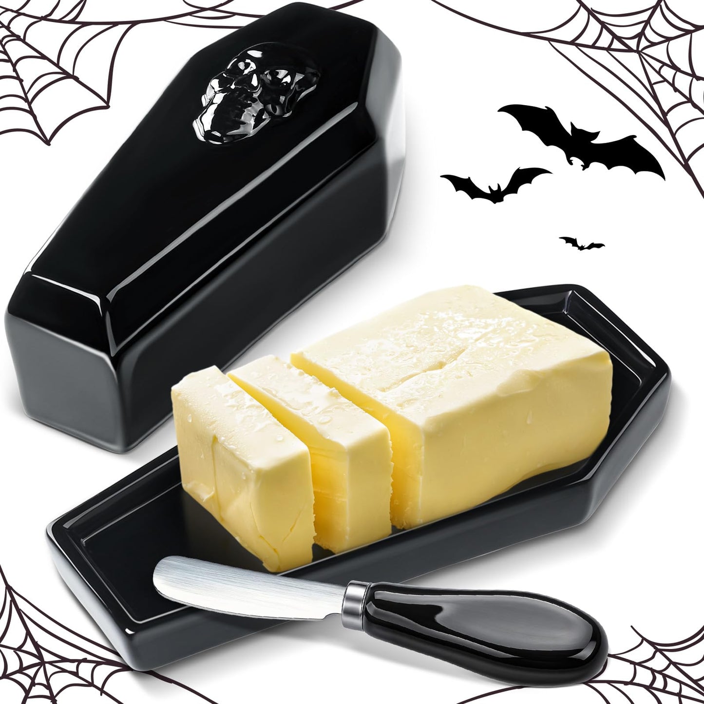 Reallnaive 2 Pcs Coffin Butter Dish with Lid Set with Butter Knife Black Gothic Skull Shape Ceramic Halloween Gothic Horror Kitchen Utensils Gift for Halloween Table Decoration Party Supplies(Flat)