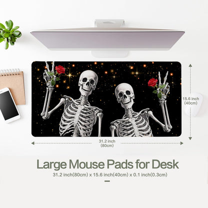 Love, Roses and Skulls Mouse Pad Desk Mat, Waterproof Black XXL Extended Large Gaming Mouse Pad Halloween Skull Rose Desk Pad Mousepad XXL Extended Keyboard Mat Mouse Mat, 31.5 x 15.7 in