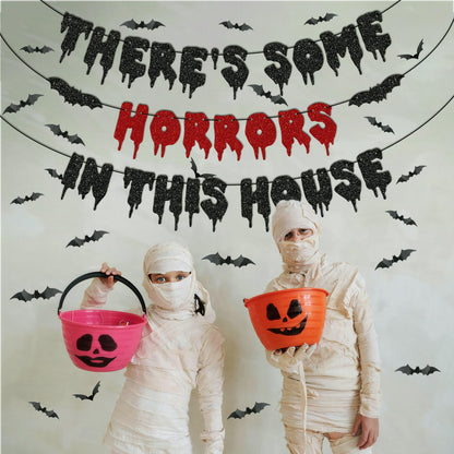 Halloween Party Decorations, There's Some Horrors in This House Banner - Fufuddz Funny Glitter Bloody Scary Happy Birthday Garland with Bat Stickers Trunk or Treat Bachelorette Supplies