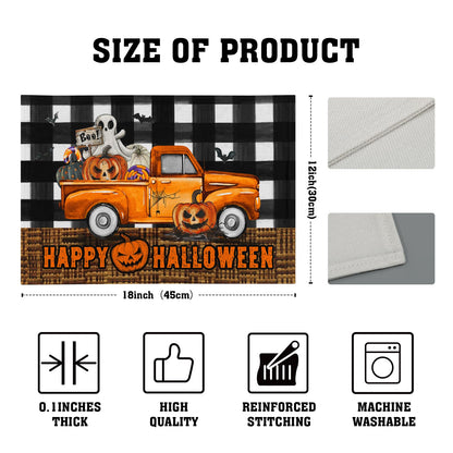 Happy Halloween Placemats Set of 4, 12x18 Inch Pumpkin Ghost Truck Bats Buffalo Plaid Washable Linen Dining Table Place Mats Farmhouse Seasonal Kitchen Dinner Party Holiday Decor