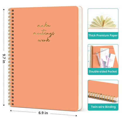 Meeting Notebook for Work Organization - Work notebook with action items, Meeting Minutes Planner Notebook, Perfect Office Supplies for Men & Women - Coral