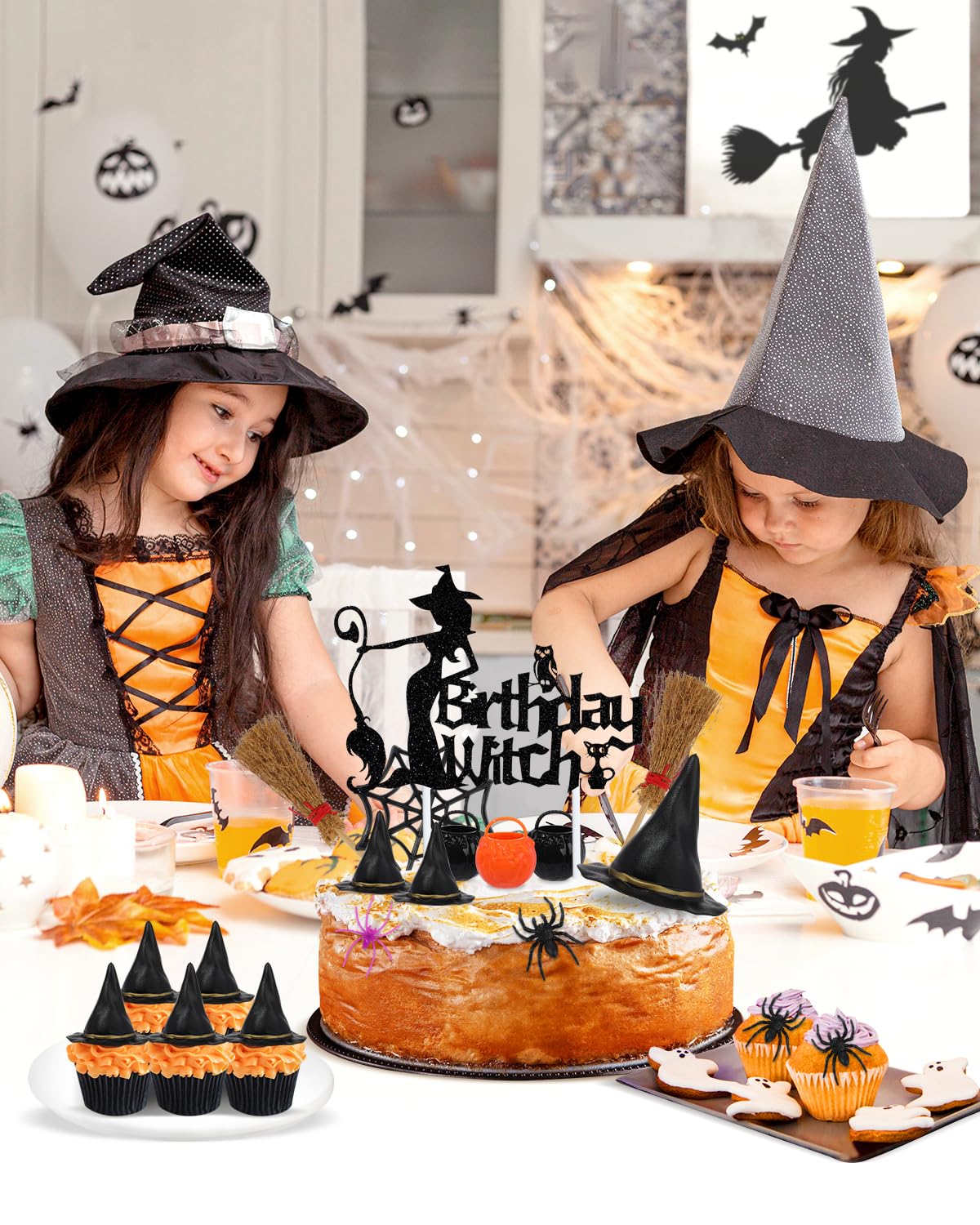 Liobelon 13 Pieces Birthday Witch Cake Topper, Gothic Theme Birthday Party Decoration, Scary Spider Web Witch Bucket Broom Spiders Cake Decorations for Girl Women