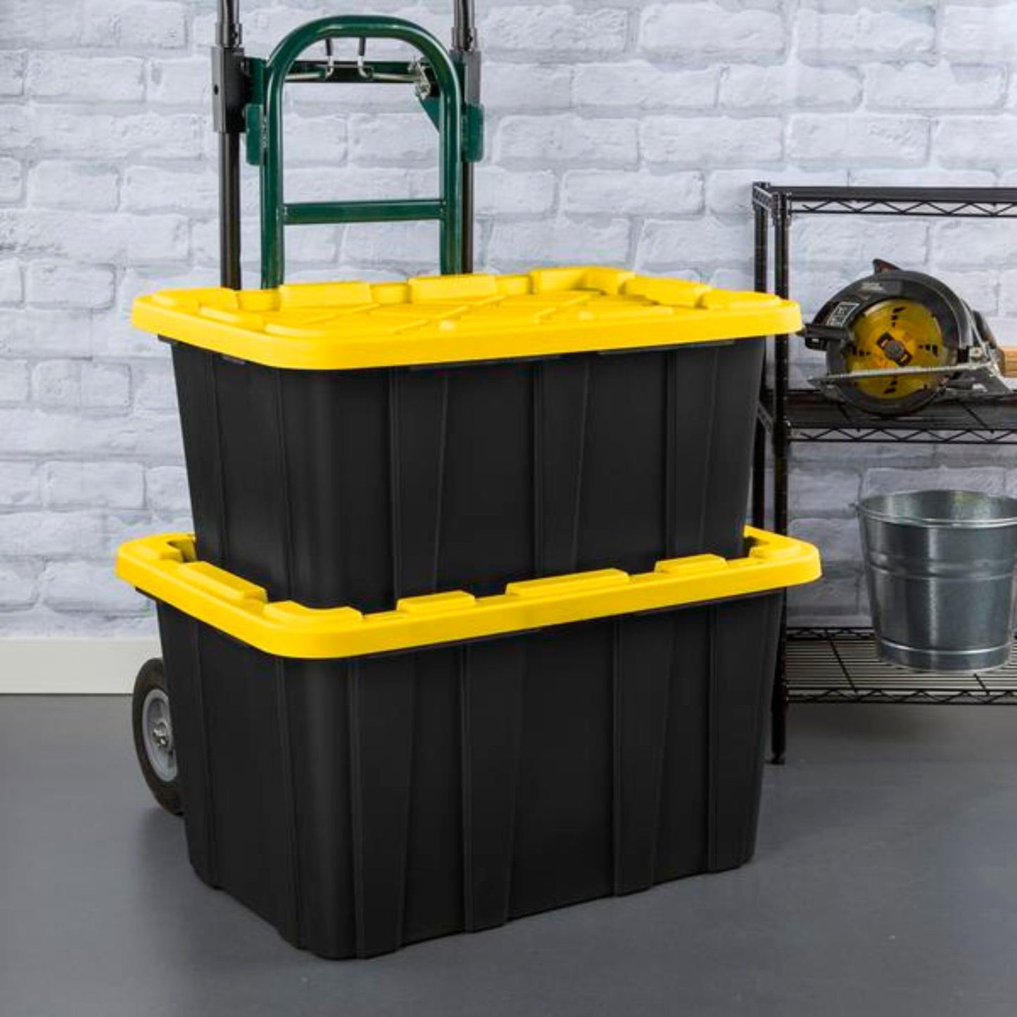 Sterilite 4-Pack 27 Gallon Industrial Storage Tote, Heavy-Duty Plastic Bins, Black/Yellow - Stackable Utility Organizers with Lids for Garage, Camping Tools, and Outdoor Gear